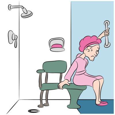 Cartoon of older woman struggling in the shower